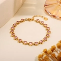 Golden titanium steel bracelet with pink heart-shaped stones and S.STEEL tag - Pave Set Pink Heart Bracelet