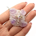 Handmade silver wire-wrapped amethyst crystal cross pendant with natural stone clusters - Purple Design 2 (No. 2)