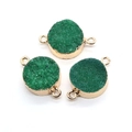 Drei runde grüne Druzy Quarz Steinverbinder mit vergoldeten Kanten für DIY Schmuckherstellung - 15x24mm / Grün
