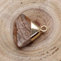 Natural brown jasper gemstone fan-shaped pendant with polished gold metal edging and bail - Jasper