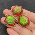 Hexagon green and red imperial stone connector with gold plated edges for DIY jewelry - 23x33mm / Style 2 (Green Red Patchwork)