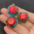 Three hexagonal imperial stone pendants with blue and red textures in gold plating - 23x33mm / No.3 (Red-Blue Mix)