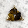 Tiger Eye stone fan-shaped pendants with golden metal edging and top hanging loops - Tiger's Eye