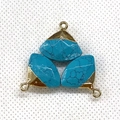 Three bright blue turquoise triangle pendants with golden metal bases and loops - Blue Turquoise