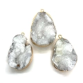 Three teardrop crystal pendants with natural quartz clusters and gold metal edges - 26x37-26x40mm / White