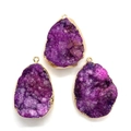 Three irregular teardrop purple druzy agate pendants with gold plated edges for jewelry DIY - 26x37-26x40mm / Purple
