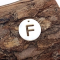 Detailed macro view of natural shell alphabet F pendant on a rustic bark background - Letter F