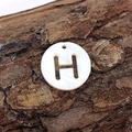 Detail of round shell pendant with hollow H letter design on natural bark background - Letter H