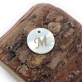 Natural freshwater shell round pendant with golden letter M for DIY jewelry making - Letter M