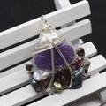Handmade wire wrapped pendant with purple druzy stone and colorful freshwater pearls - Purple Druzy White Artificial Pearl Style (No. 1)