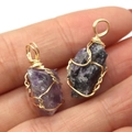Handmade purple amethyst raw stone pendant set with golden wire wrapping for DIY jewelry - Amethyst Pendant