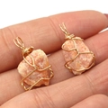 Natural orange-pink crystal stone pendant with gold wire wrapping and irregular texture - Orange Style (No. 3)