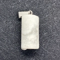 White cylindrical stone pendant with grey marble texture and polished silver metal clasp - Howlite