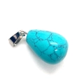 Teardrop turquoise stone pendant with black web patterns and silver metal clasp - 1.3cm x 2.3cm / Blue Turquoise