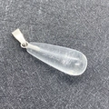 Water-drop shaped white rutilated quartz pendant with needle-like inclusions and silver clasp - 11x30mm / Transparent Crystal