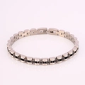 Macro shot of silver and black stainless steel watch-style bracelet with link details - Standard Three-Link Style / Two-tone Black