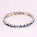 Detail view of silver stainless steel watch strap bracelet with blue decorative inlay - Standard Three-Link Style / Silver Blue
