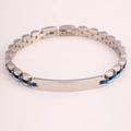Sleek stainless steel watchband-style bracelet with blue accents and customizable metal bar - Curved Plate ID Style / Silver Blue