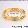 Macro detail of gold stainless steel watch band bracelet with engravable ID plate - Three-Bead Watch Band / 21cm * 10mm / Gold