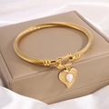 Golden titanium steel twisted rope bangle with heart pendant and pearl inlay - White Stone Heart Horseshoe