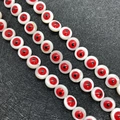Macro shot of 10mm red evil eye shell beads for DIY jewelry and necklace making - 9mm, 44 Pieces Per Strand, Double-Sided / Red