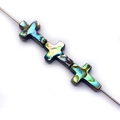 Three cross-shaped abalone shell beads with iridescent glow on a silver metal pin for DIY jewelry - Cross / 13x18mm