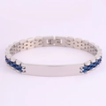 Polished stainless steel men's bracelet with blue inlay and engravable ID plate - 21cm * 10mm / Silver-Blue 5-Bead