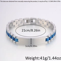 Detailed specs showing 21cm length and 1cm width of this silver steel link bracelet - 21cm * 10mm / Silver-Blue 3-Bead