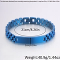 Detailed view of 21cm blue brushed titanium steel bracelet with 1cm engravable plate - Three-Bead Watch Band / 21cm * 10mm / Blue