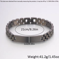 Detail view of matte black titanium steel link bracelet with engravable metal plate and measurements - Three-Bead Watch Band / 21cm * 10mm / Black