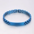 Polished blue stainless steel 3-link men bracelet with a flat engravable ID tag plate - Curved Plate ID Style / Blue