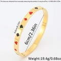Detail showing poker suit patterns on golden stainless steel bangle with dimensions - Gold