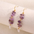 Boucles d'oreilles pendantes dorées 18 carats avec pierres violettes et perles - Perle d'Améthyste Naturelle