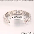 Detalle de pulsera de acero plateado estilo reloj con pedrería rosa y dimensiones - Pulsera Correa Reloj Placa ID Plata Diamantes Rosa