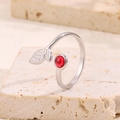 Bague réglable en feuille d'acier inoxydable avec pierre précieuse rouge ronde - Feuille d'Argent Avec Émail Rouge