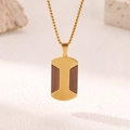 Detail view of a men's gold box chain with a rectangular wood inlay dog tag pendant - Spliced Wood Dog Tag