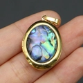 Close-up of golden oval abalone shell locket pendant with iridescent details and hinge - 19x28mm / Pendant Only (Without Chain) - Abalone Shell