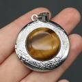 Detailed view of vintage silver locket pendant with embossed floral pattern and tiger eye stone - Tiger Eye (Pendant Only Without Chain)
