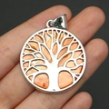 Macro view of silver Tree of Life pendant with natural orange shell inlay and metal frame - Style 8 (Pendant Only)