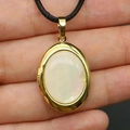 Vintage oval golden locket pendant with white shell inlay and black woven cord - 19x28mm / White Mother of Pearl Necklace