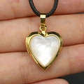 Golden heart locket pendant with natural white abalone shell on black cord necklace - White Mother of Pearl Necklace / 17x21mm