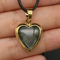 Golden heart locket necklace with natural black abalone shell inlay and black cord - Black Mother of Pearl Necklace / 17x21mm