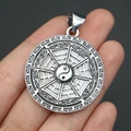 Vintage silver Tai Chi Bagua round shell pendant with intricate metal engraving - 29x39mm / No. 1 Pendant