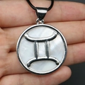 Silver Gemini zodiac pendant with white mother of pearl inlay on black leather cord - Gemini (With Necklace Cord)