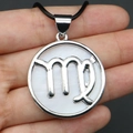 Silver round Virgo zodiac necklace with white shell inlay on a black cord - Virgo (With Necklace Cord)