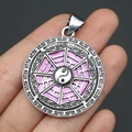 Pink shell Bagua Yin Yang circular pendant with silver Greek key border detail - 29x39mm / Pendant 7