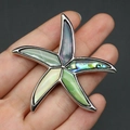 Detalle macro de broche de estrella de mar con nácar natural sostenido en la mano - 52x54mm / Patrón de Conchas Mixtas