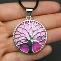 Pink mother of pearl round pendant with silver tree of life design on black cord - Style 1 (Necklace Set)