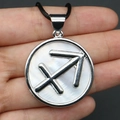Silver round Sagittarius pendant with iridescent white shell inlay on a black cord - Sagittarius (With Necklace Cord)