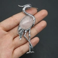 Detail of vintage silver crane brooch with large oval pink quartz stone inlay - 43x79mm / Rose Quartz
